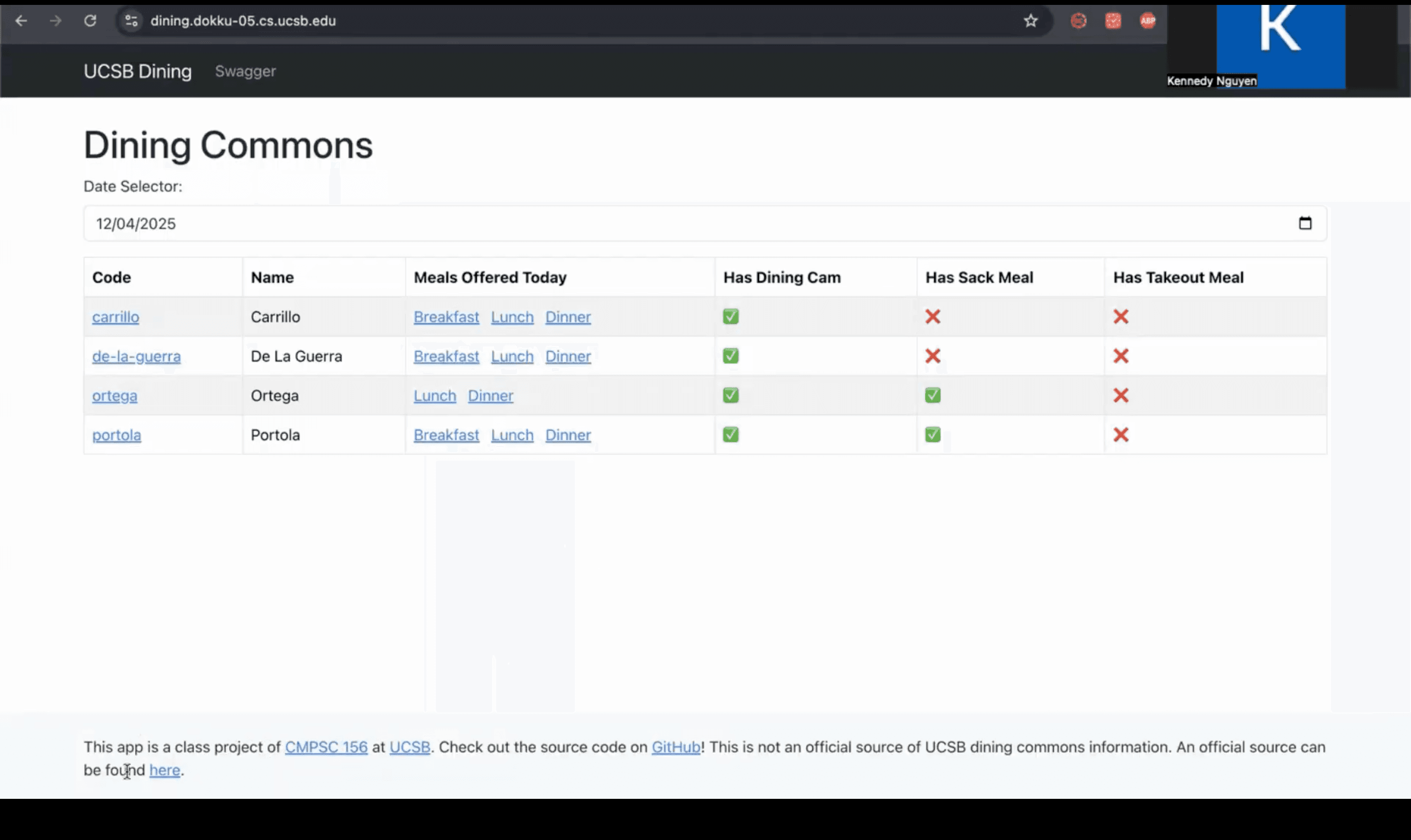 Screenshot of UCSB Project Dining